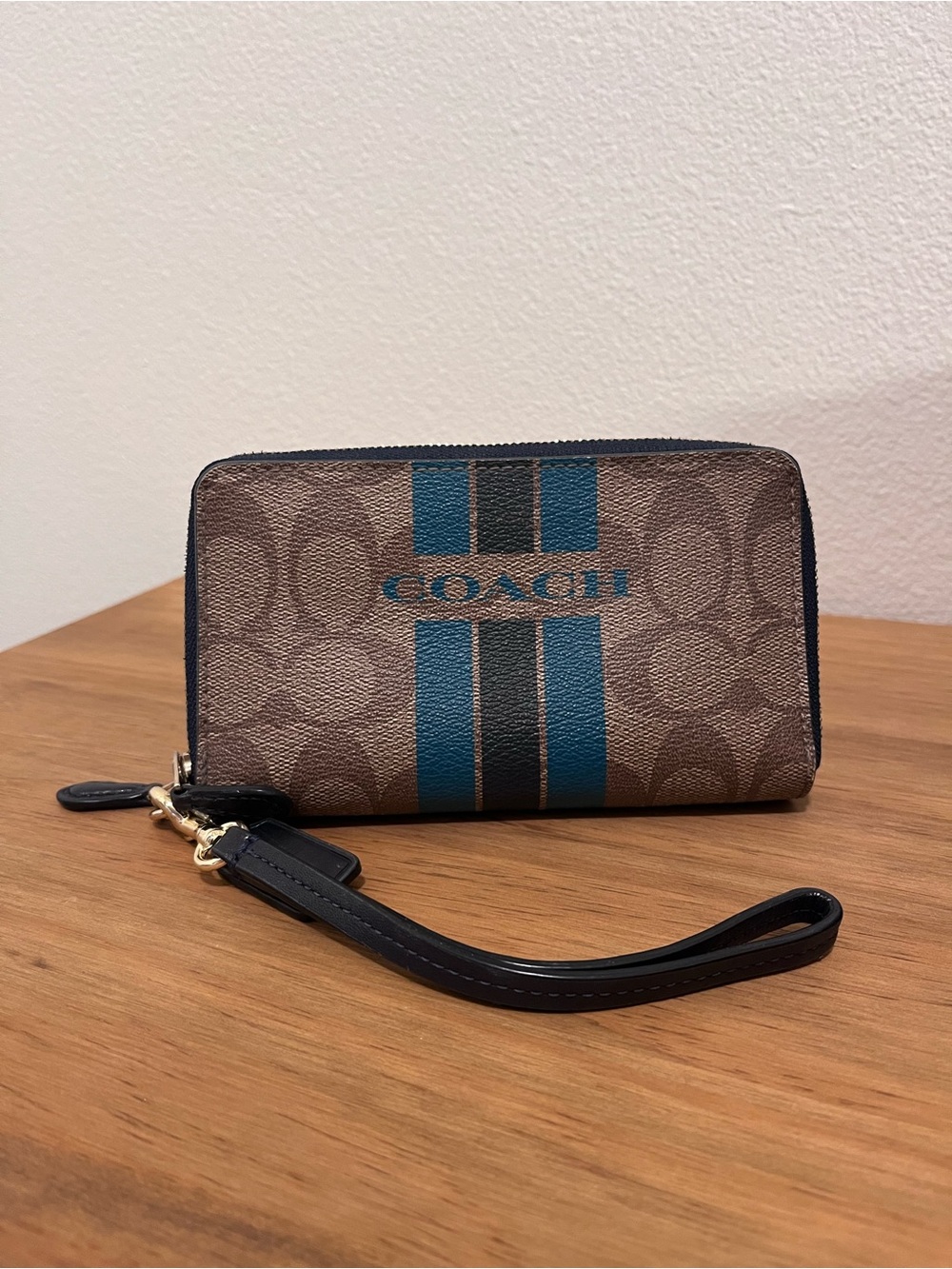Coach F54005 Varsity Stripe Double Zip Phone Wallet Brown Blue Sig Wristlet
